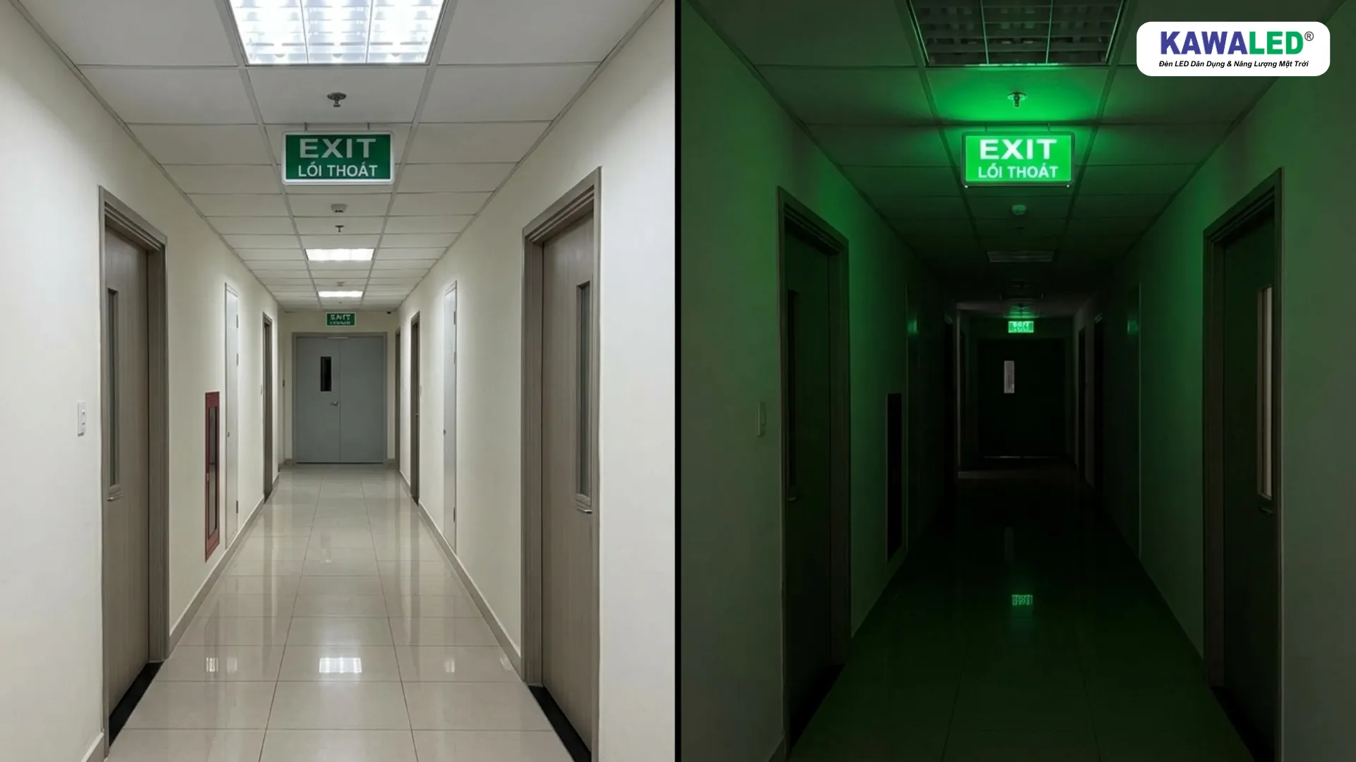 đèn exit phát sáng trong điều kiện tối và bình thường