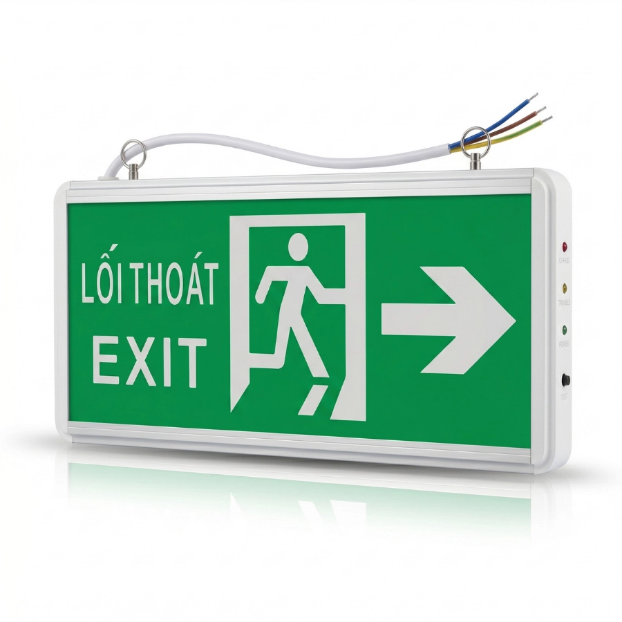 đèn exit thoát hiểm rẽ phải góc nghiêng