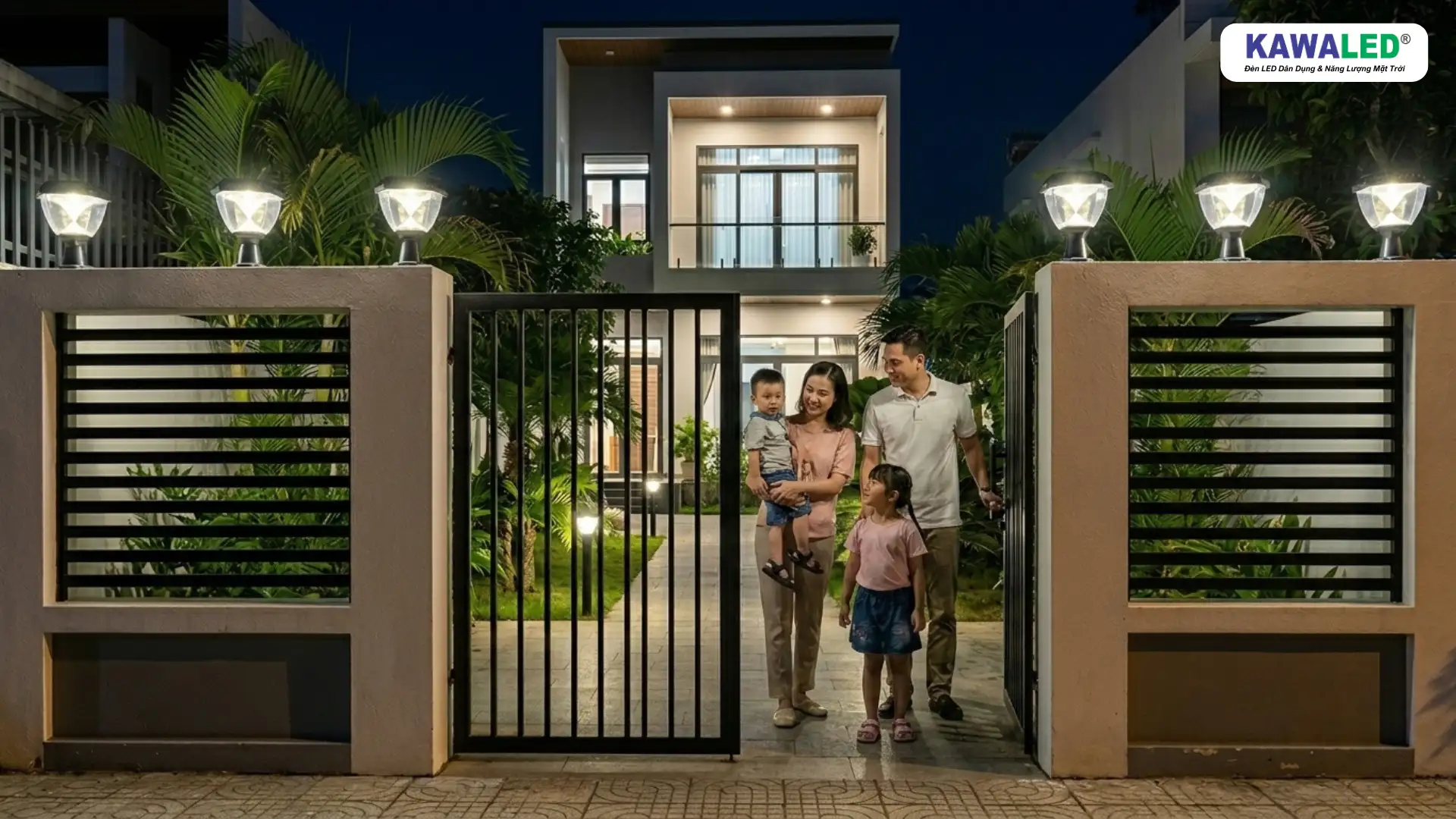 đèn hàng rào năng lượng mặt trời chiếu sáng cổng nhà ban đêm an toàn