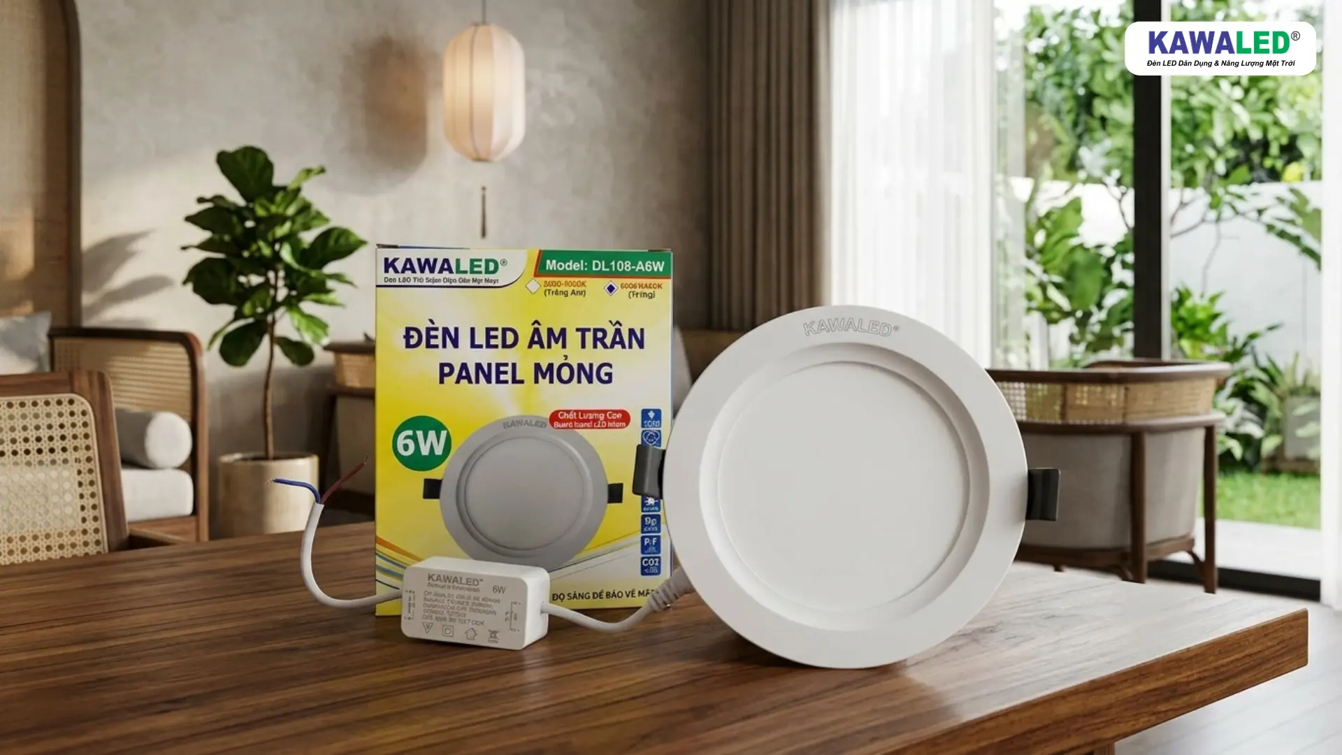 đèn led âm trần kawaled và hộp sản phẩm chính hãng