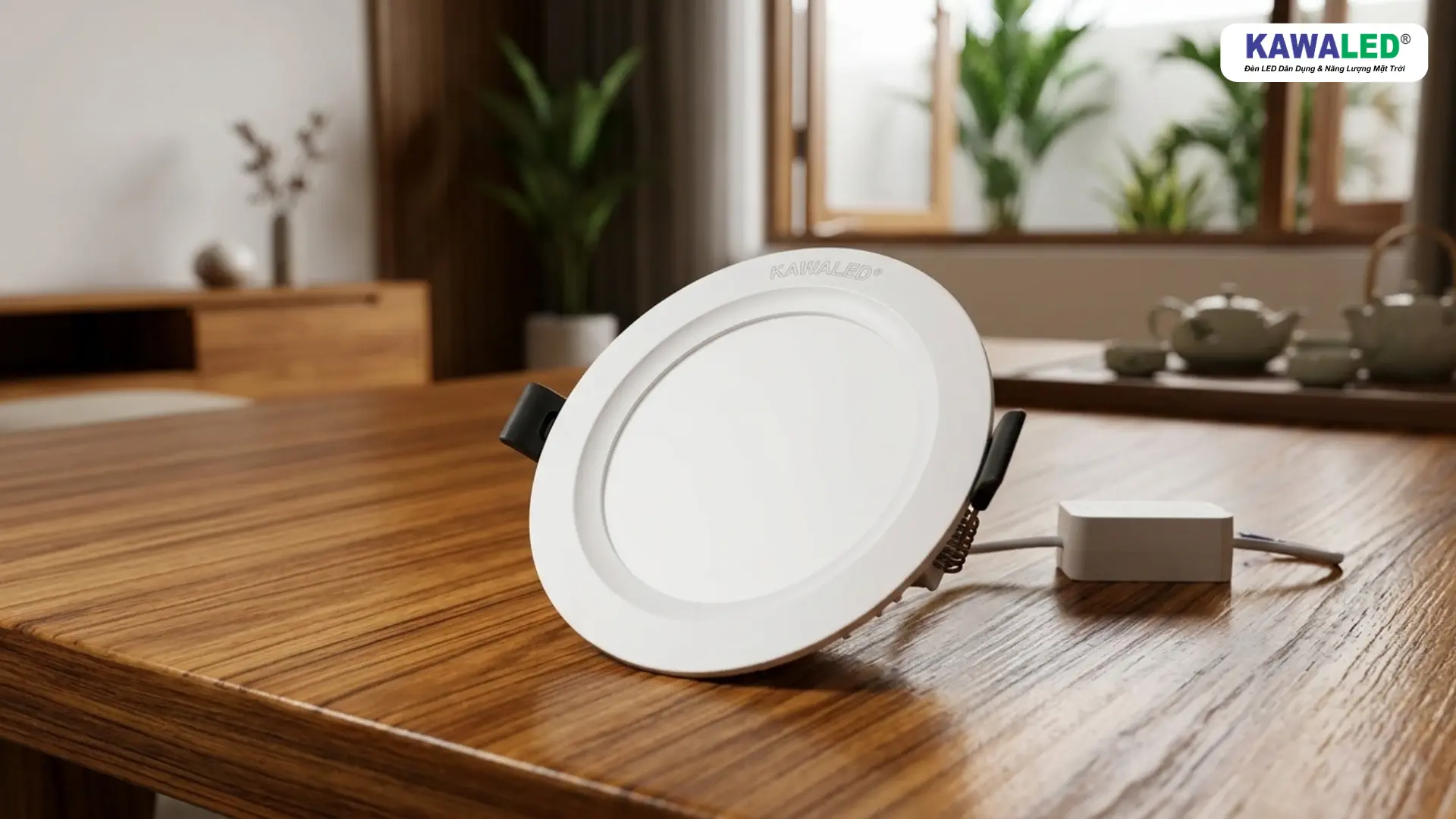 đèn led âm trần siêu mỏng kawaled đặt trên bàn gỗ