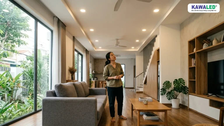 đèn led âm trần siêu mỏng trong phòng khách hiện đại