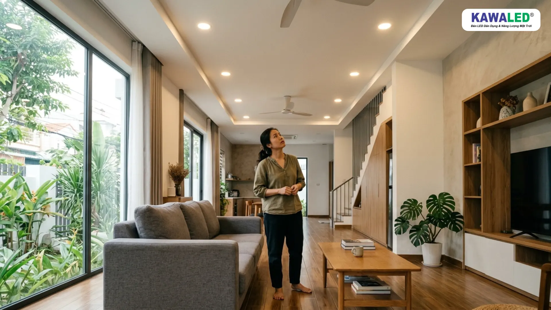 đèn led âm trần siêu mỏng trong phòng khách hiện đại