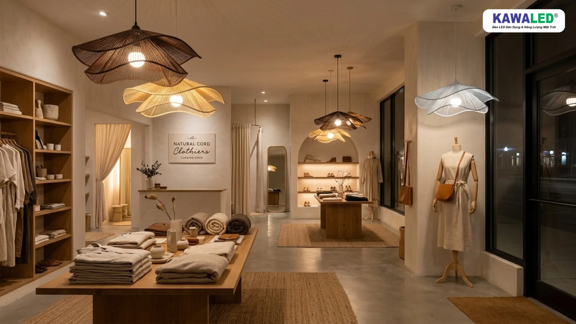 decor shop quần áo với ánh sáng đẹp giúp không gian ấm cúng