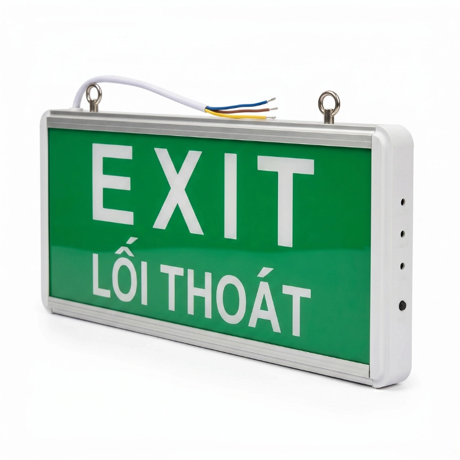 đèn thoát hiểm exit e504 góc nghiêng studio