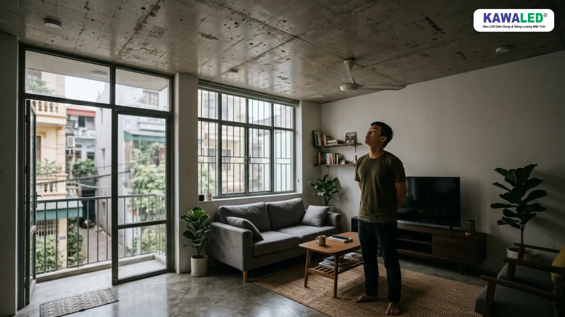 phòng khách trần bê tông cũ ánh sáng yếu cần cải tạo đèn led ốp trần