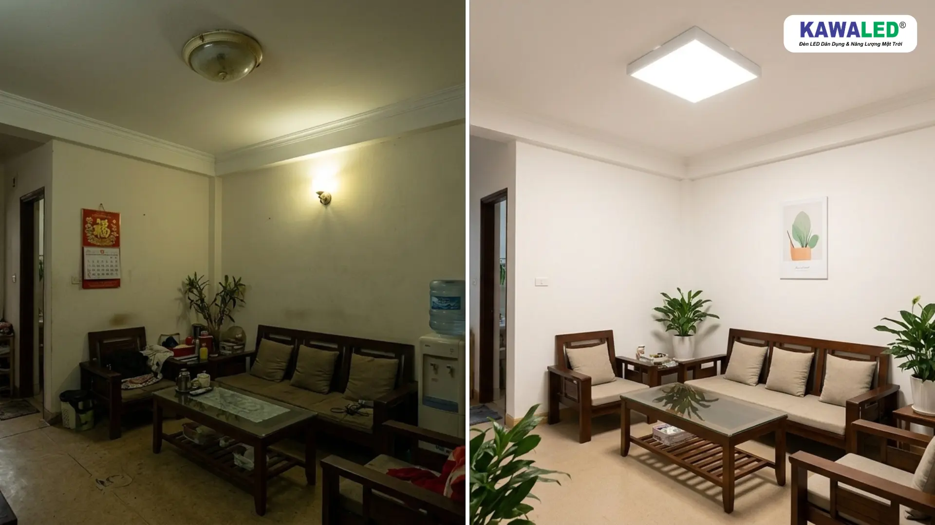 so sánh ánh sáng đèn cũ và đèn ốp trần hiện đại
