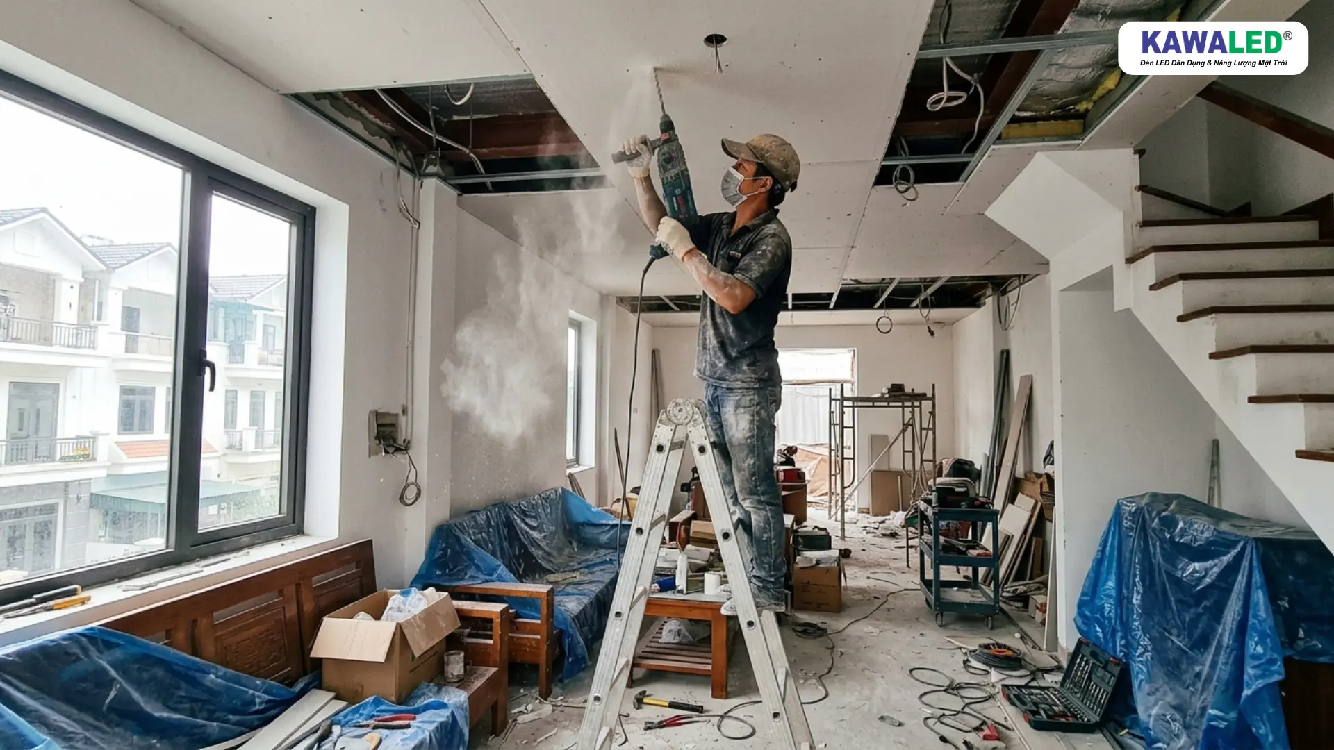 thi công đục trần nhà bụi bặm khi lắp đèn âm trần