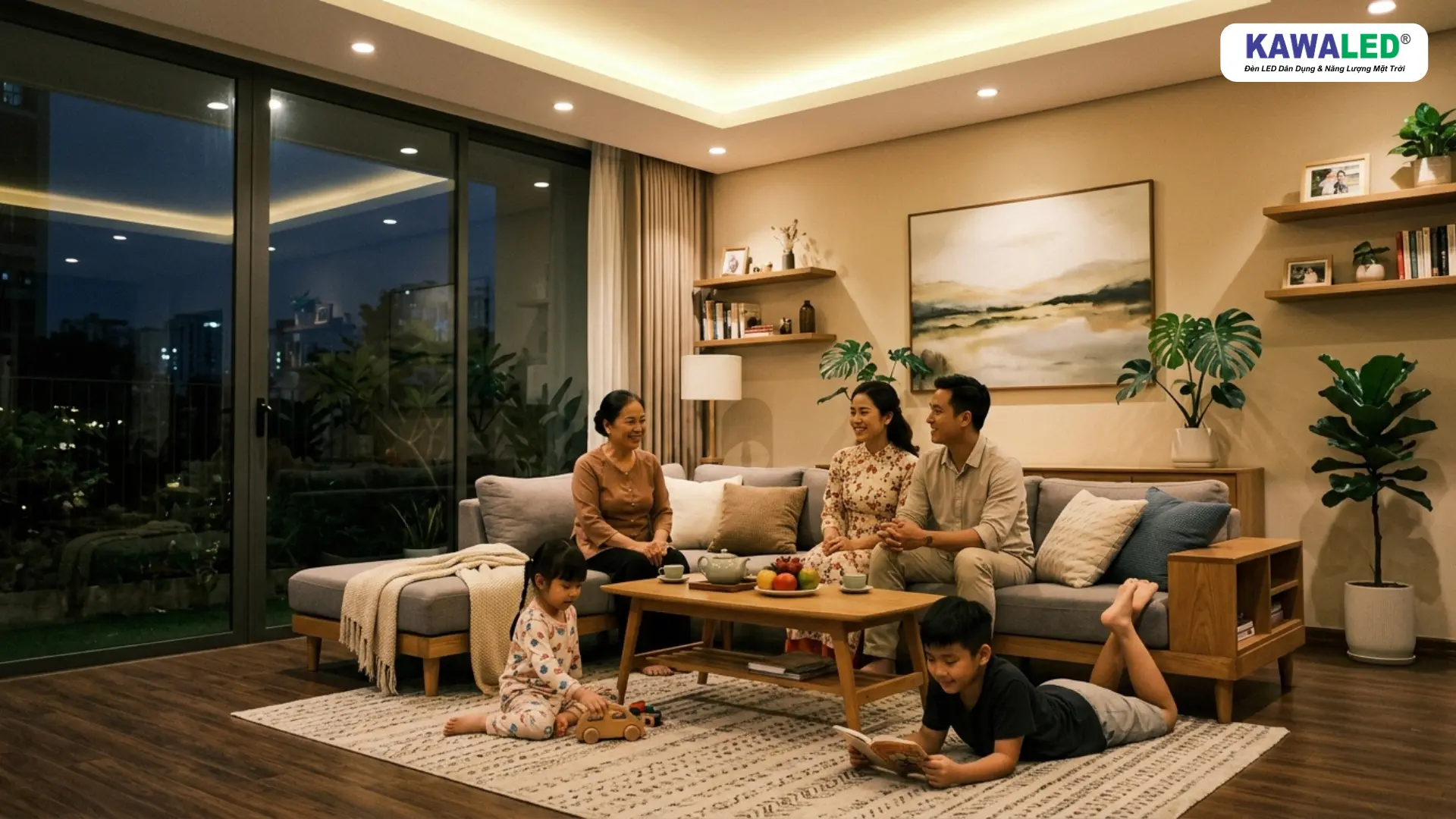 Gia đình thư giãn dưới đèn âm trần ánh sáng vàng dịu nhẹ vào buổi tối
