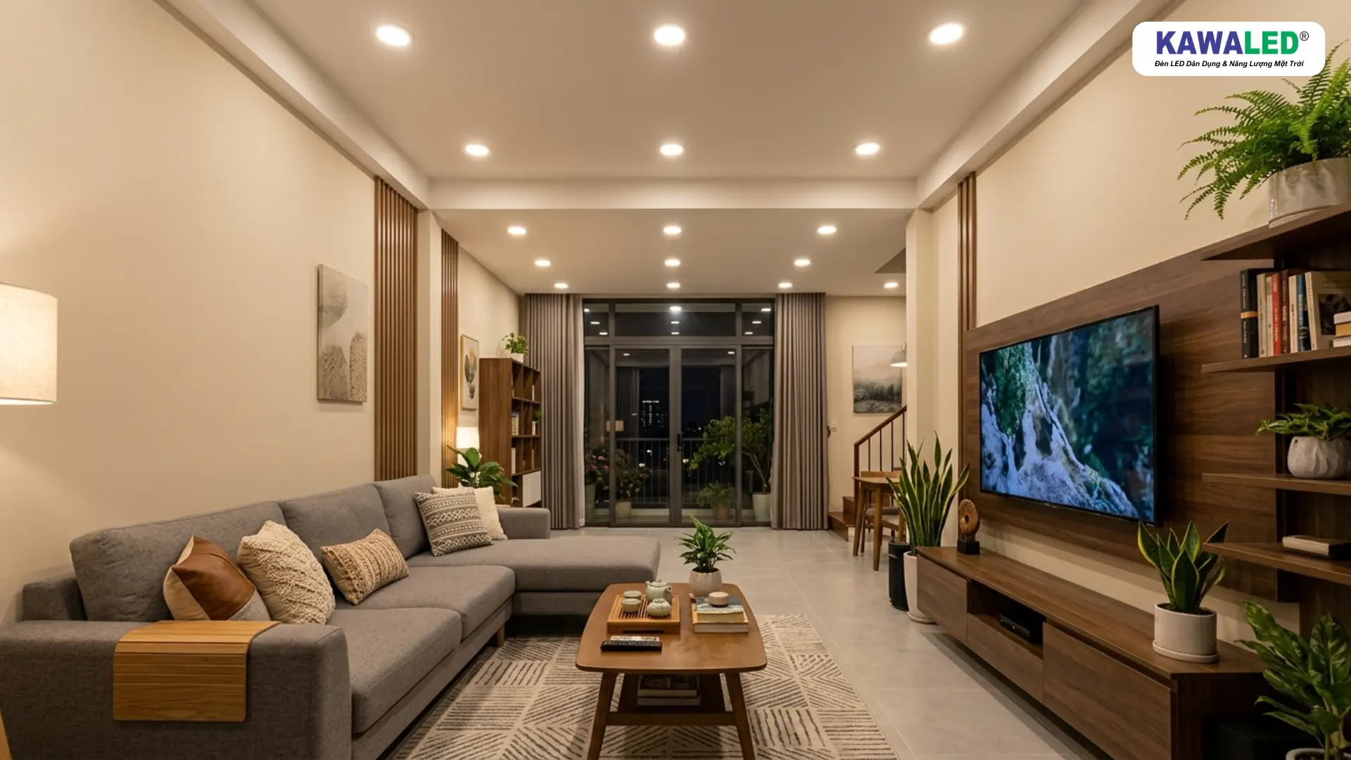 Bố trí đèn led âm trần đều trong phòng khách nhà Việt Nam hiện đại