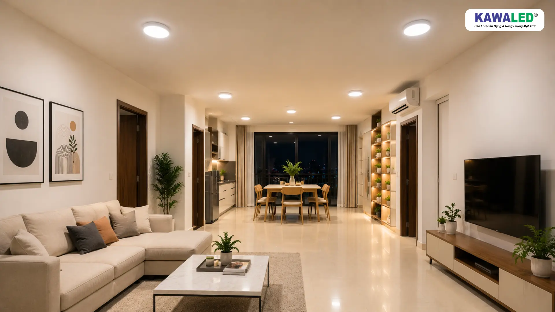căn hộ hiện đại sử dụng đèn led ốp trần tròn trên trần bê tông