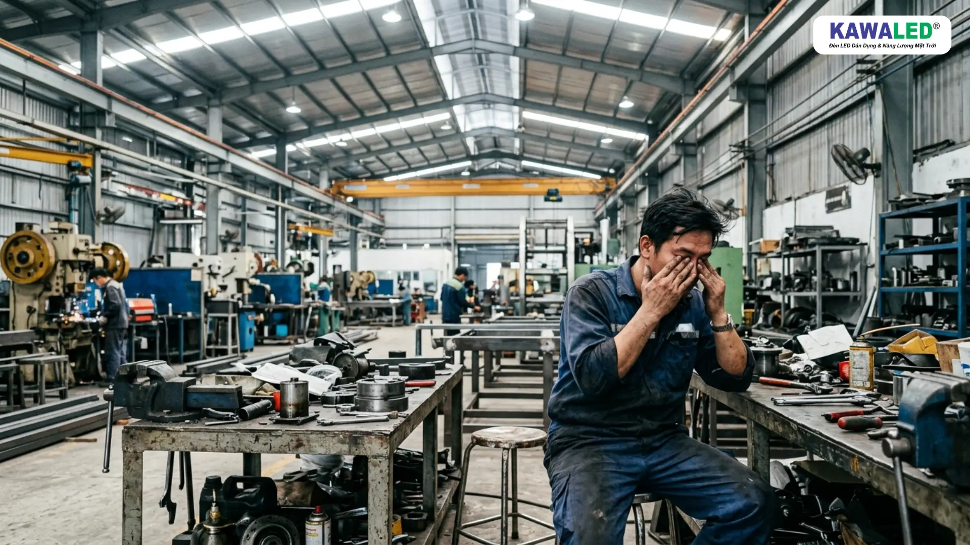 Công nhân mỏi mắt khi làm việc dưới hệ thống đèn nhà xưởng quá sáng