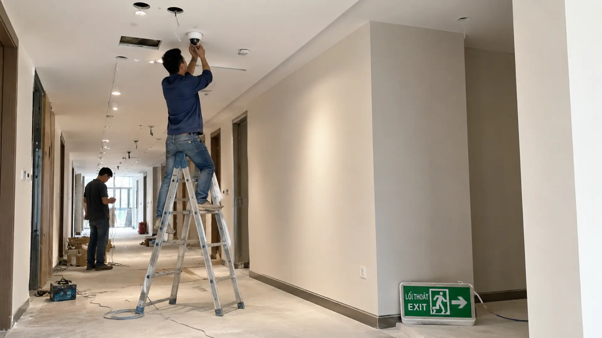 Người thợ đang lắp camera trong hành lang công trình còn đèn EXIT đặt dưới góc ít được chú ý