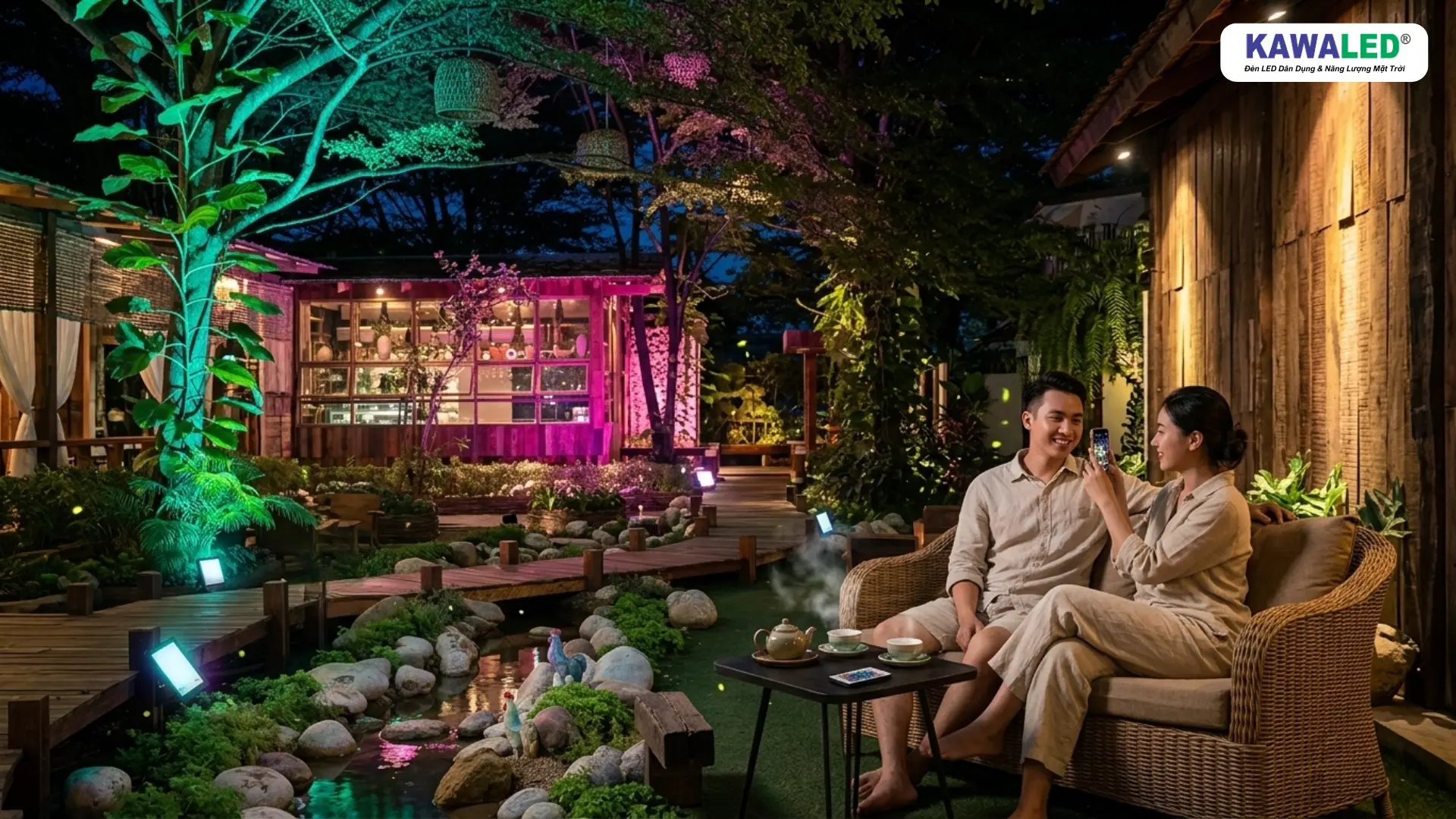 Homestay sân vườn sử dụng đèn pha đổi màu RGB tạo không gian thư giãn ban đêm