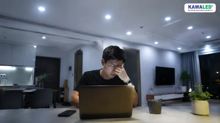Đèn âm trần ánh sáng trắng quá gắt khiến người dùng mỏi mắt khi làm việc buổi tối