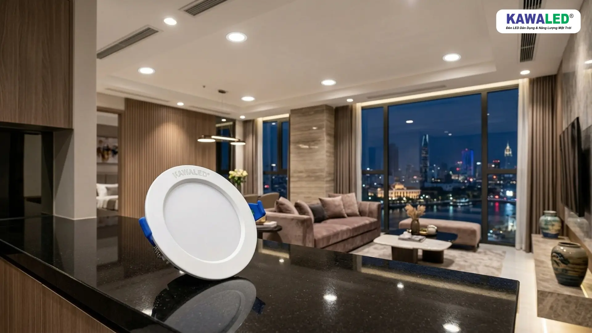 Đèn âm trần DL90 của KAWALED ứng dụng trong phòng khách hiện đại