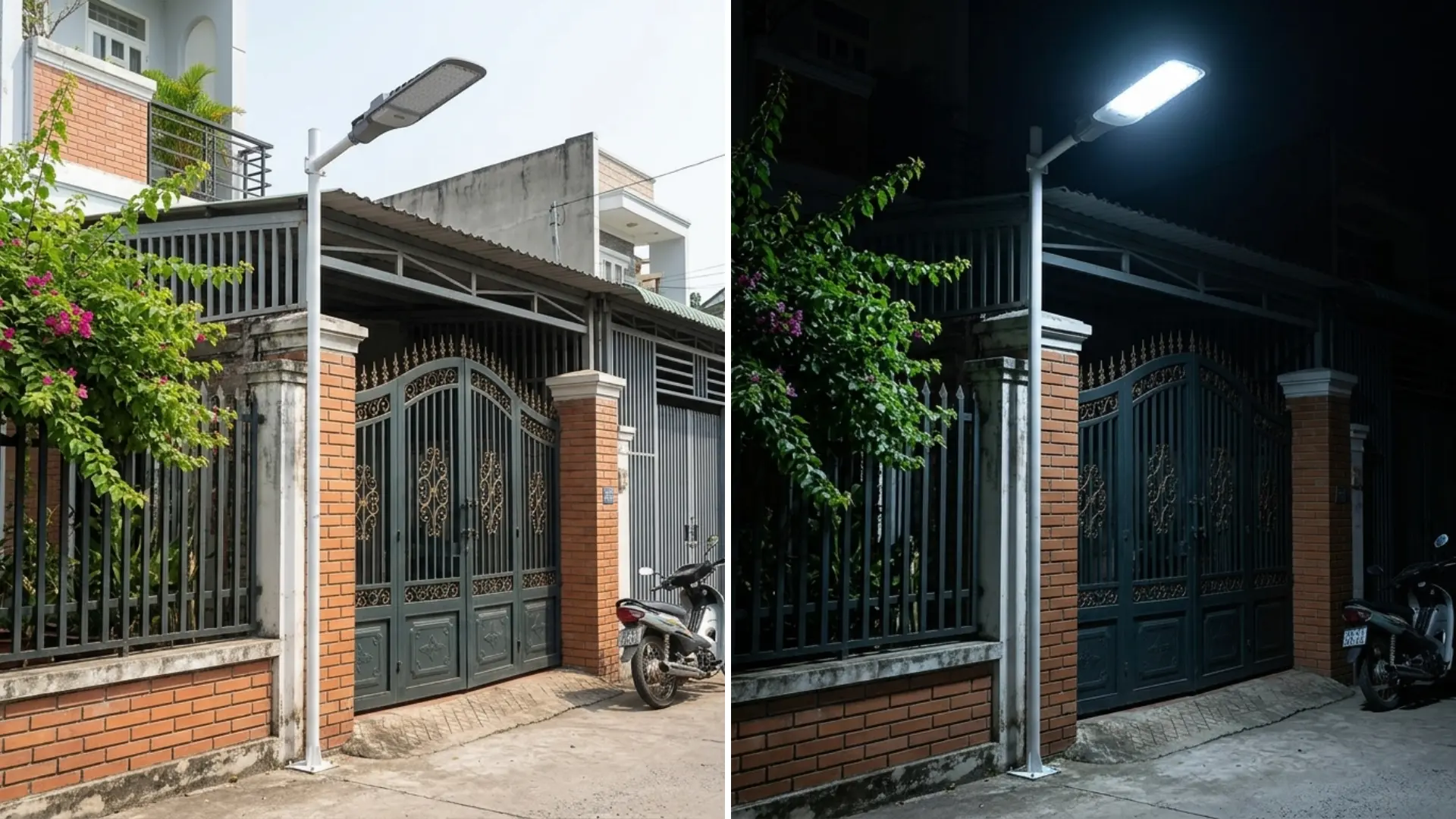 đèn cảm biến ánh sáng tự động bật khi trời tối tại cổng nhà