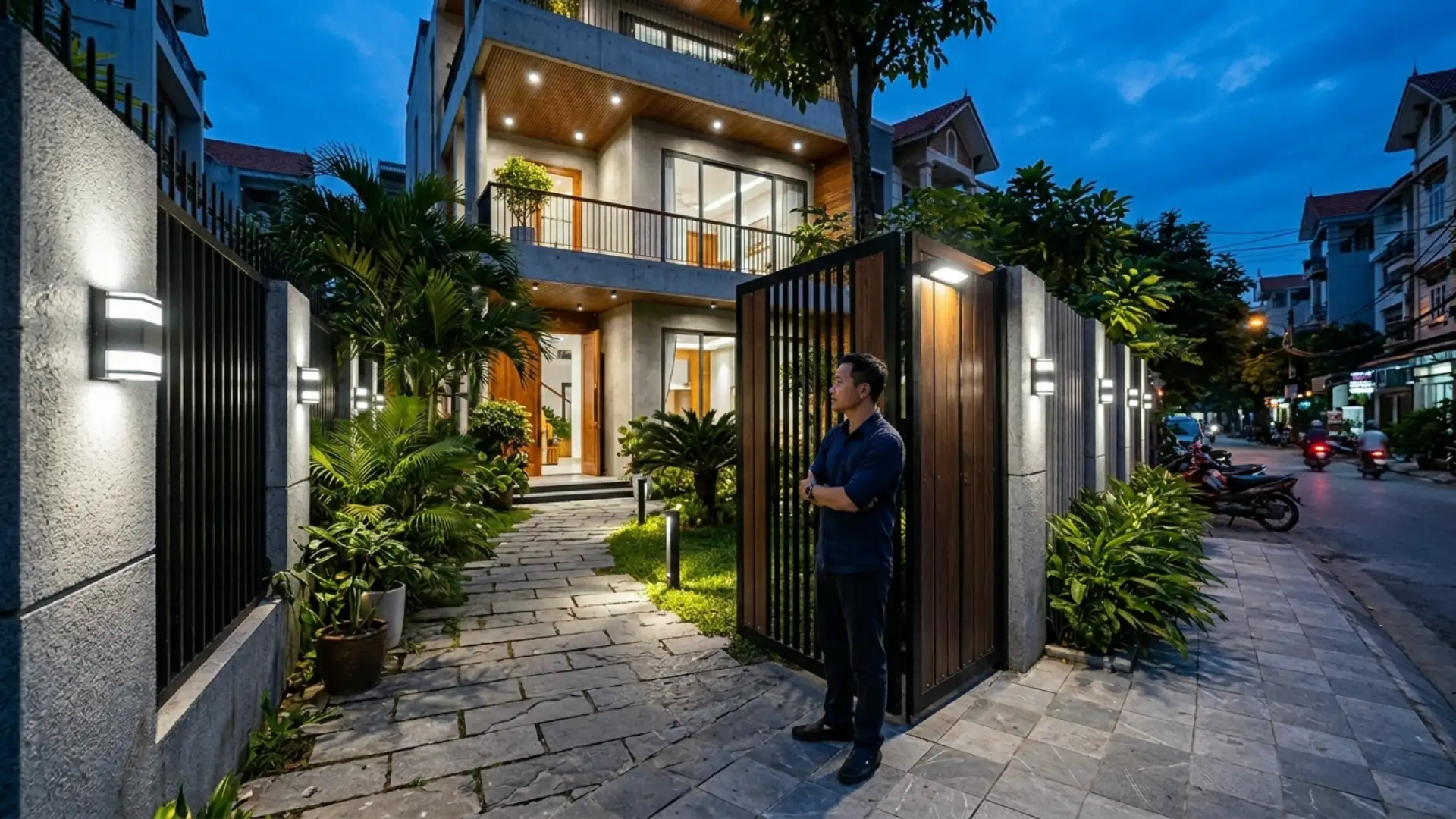 đèn cảm biến ngoài trời chiếu sáng cổng nhà phố hiện đại