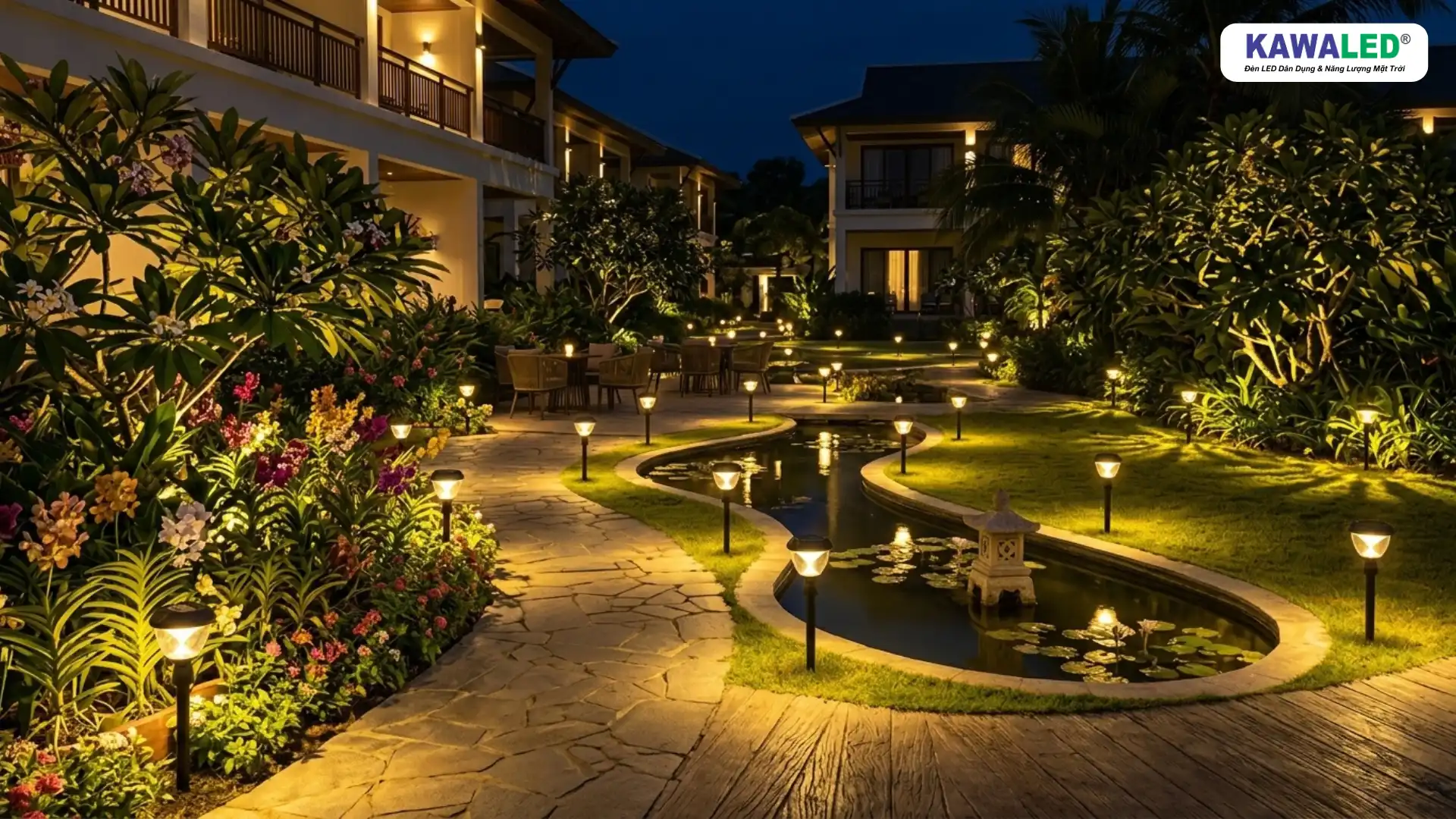 Đèn nấm sân vườn lắp quanh hồ nước và bồn hoa resort