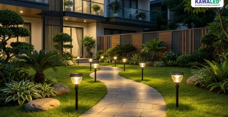 đèn cắm cỏ năng lượng mặt trời lắp dọc lối đi sân vườn