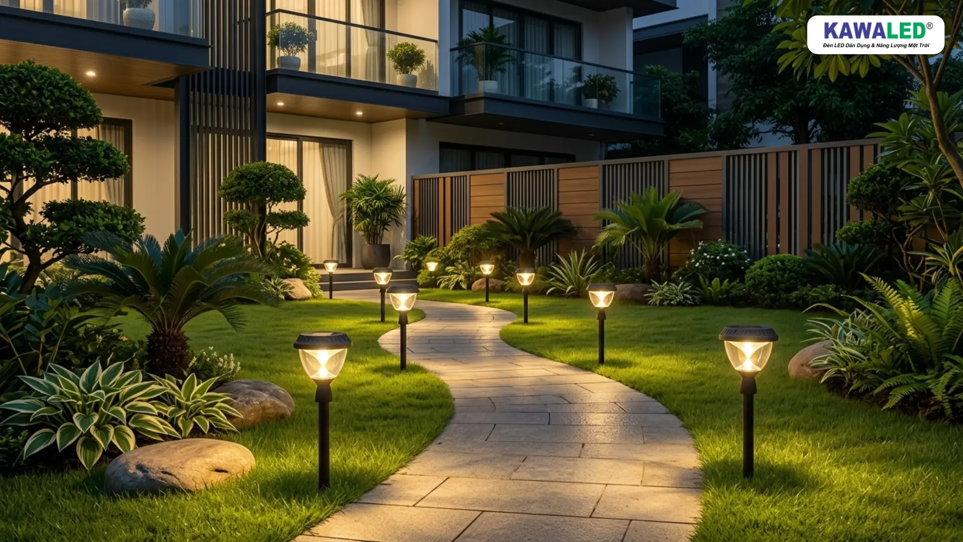đèn cắm cỏ năng lượng mặt trời lắp dọc lối đi sân vườn