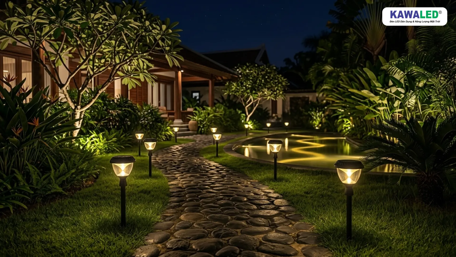 Đèn cắm cỏ sân vườn ánh sáng vàng tại resort cao cấp ban đêm