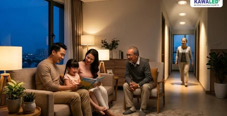 Gia đình sinh hoạt trong phòng khách với đèn cảm ứng hành lang tự động bật sáng
