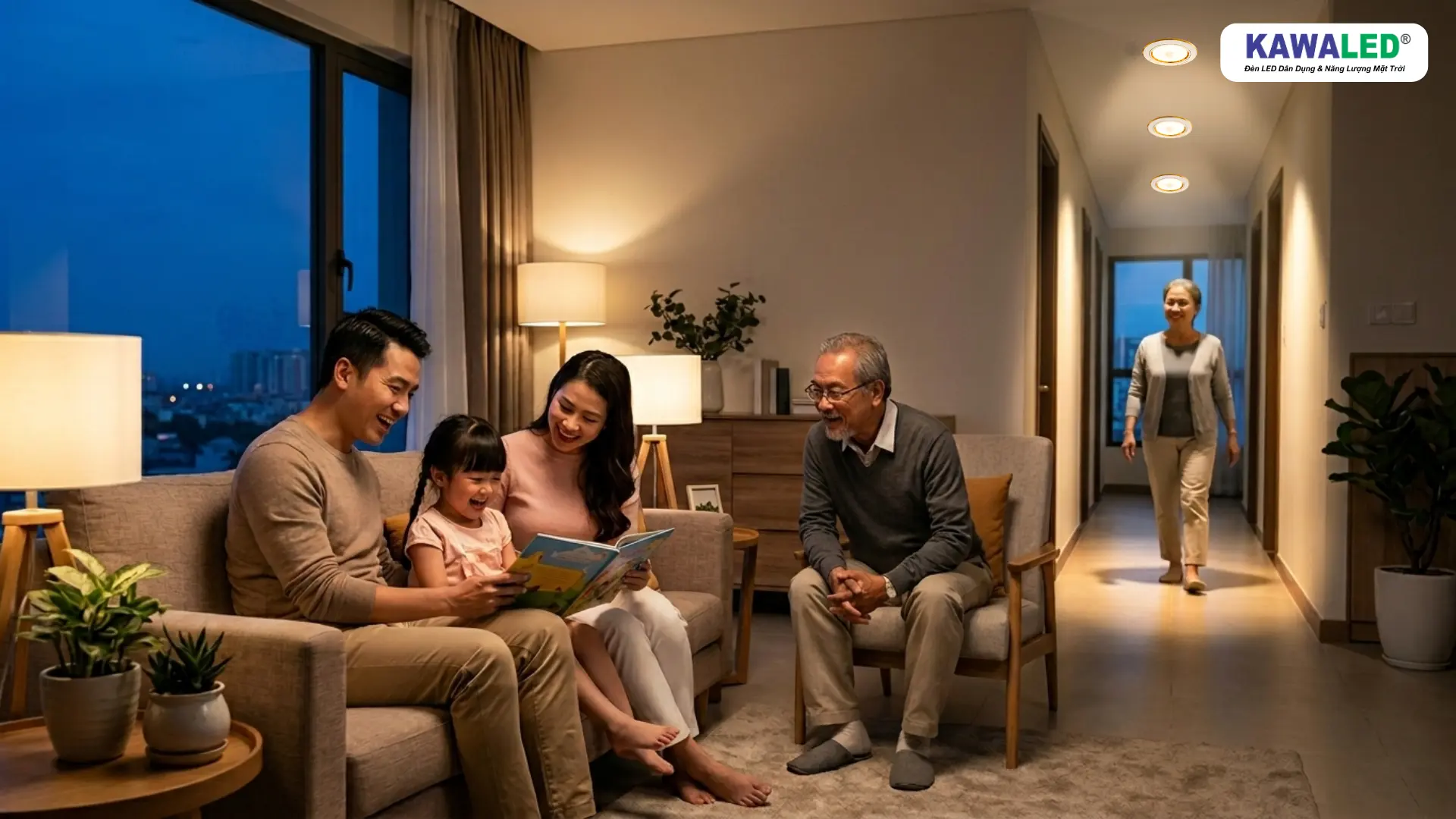 Gia đình sinh hoạt trong phòng khách với đèn cảm ứng hành lang tự động bật sáng