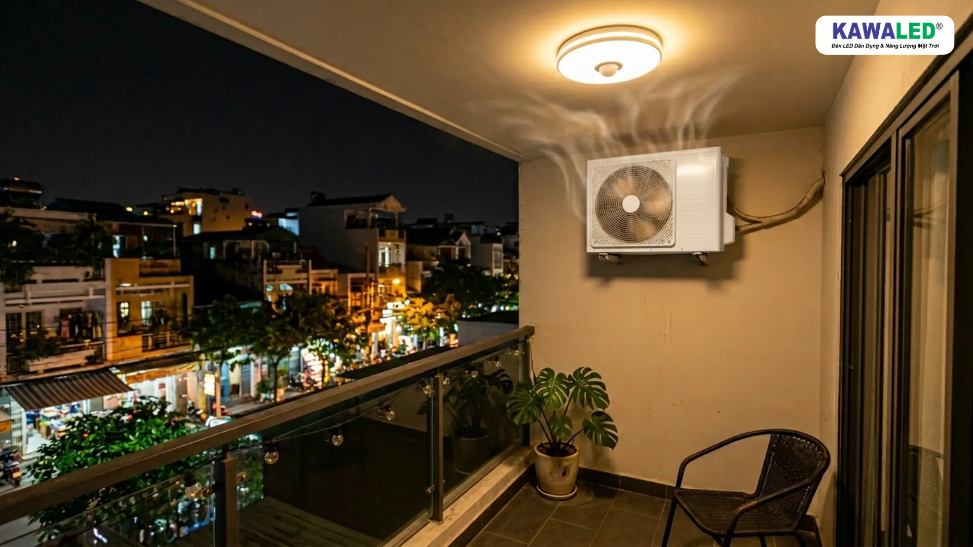 đèn cảm ứng tự bật do lắp gần dàn nóng máy lạnh