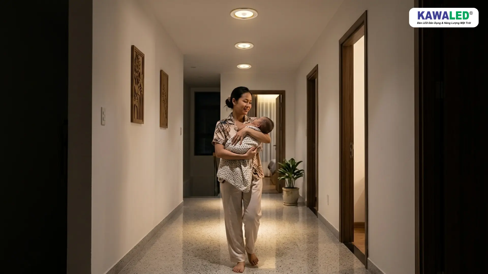 Người mẹ bế em bé đi qua hành lang có đèn cảm ứng tự động bật sáng