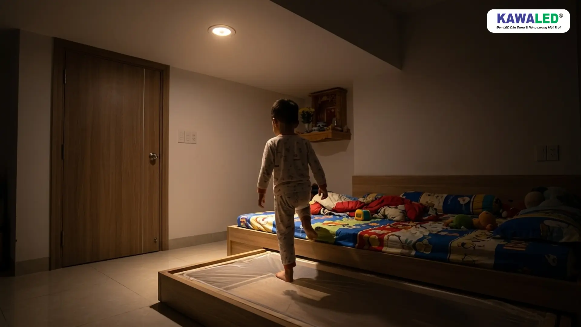 Đèn cảm ứng phòng ngủ tự bật khi trẻ nhỏ bước xuống giường ban đêm
