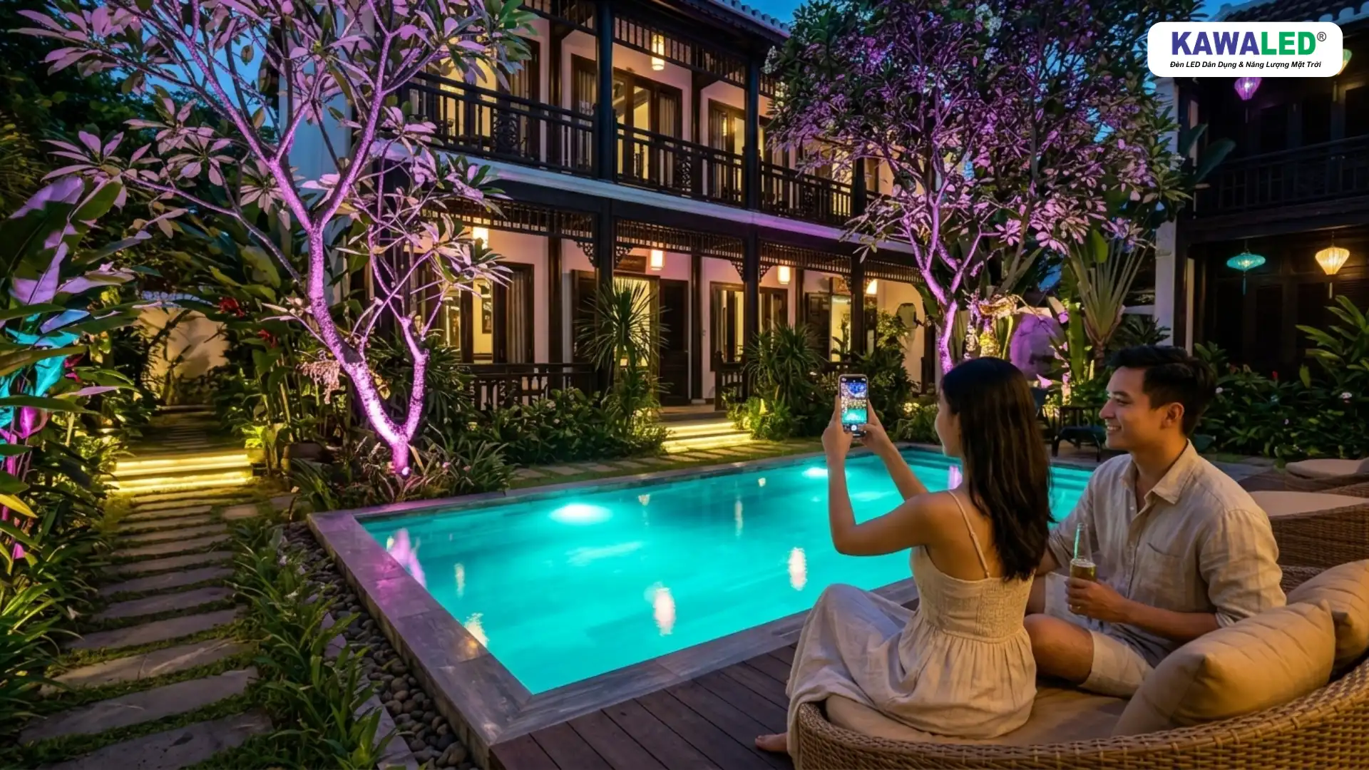 Đèn chiếu tiểu cảnh RGB lắp tại cây xanh và sân vườn homestay ngoài trời