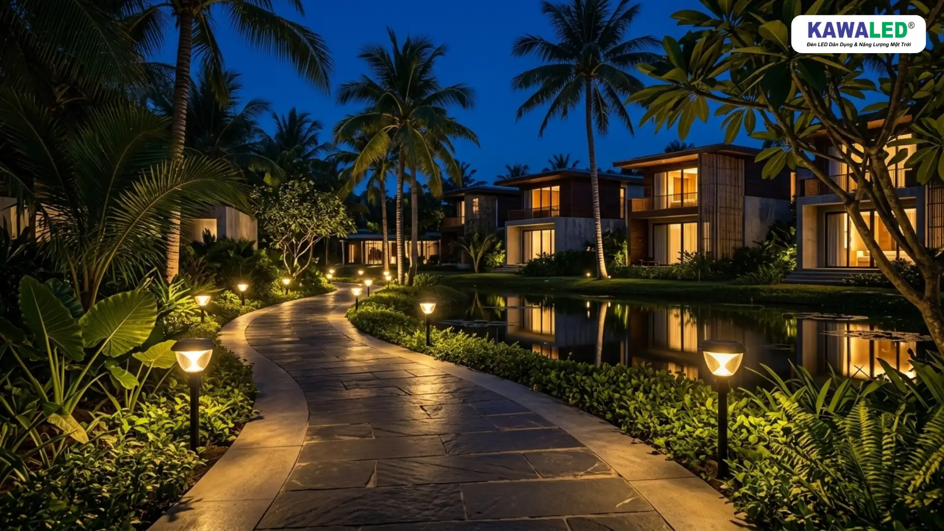 Đèn cắm cỏ sân vườn tạo chiều sâu cho resort nhiệt đới