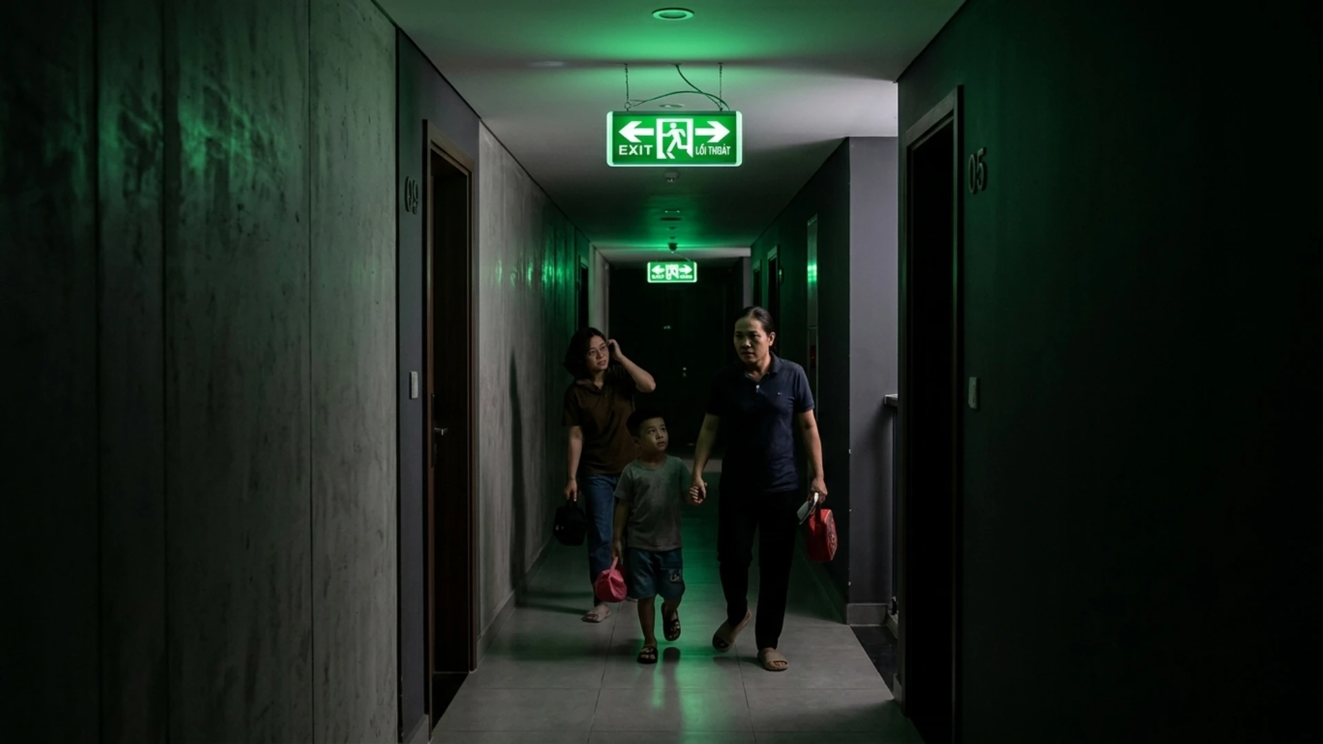 Gia đình di chuyển trong hành lang tối với đèn EXIT màu xanh vẫn sáng rõ