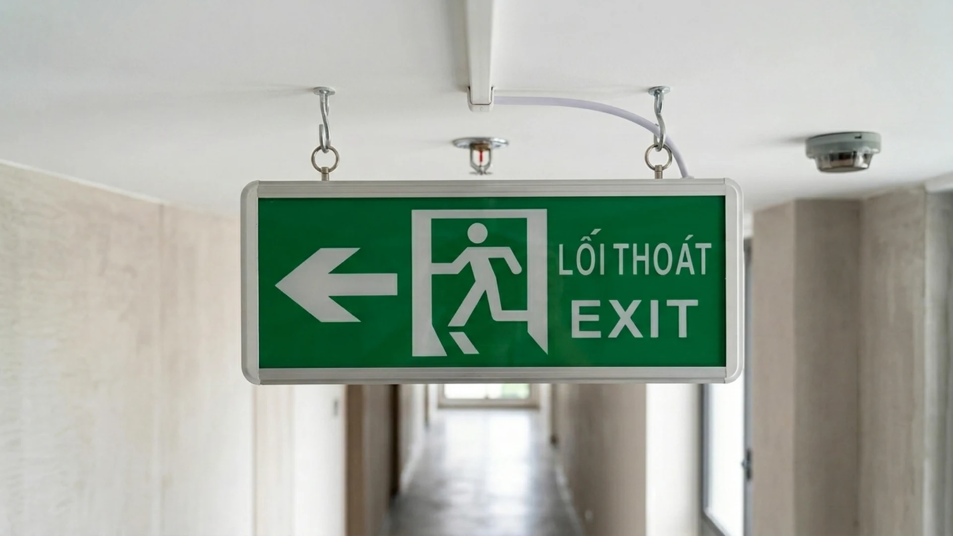 Đèn EXIT treo giữa hành lang hiện đại với ánh sáng rõ nét dễ nhìn