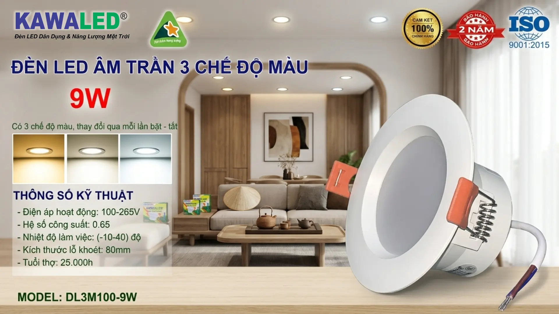 Đèn led âm trần đổi màu Kawaled 3 chế độ ánh sáng trắng vàng trung tính
