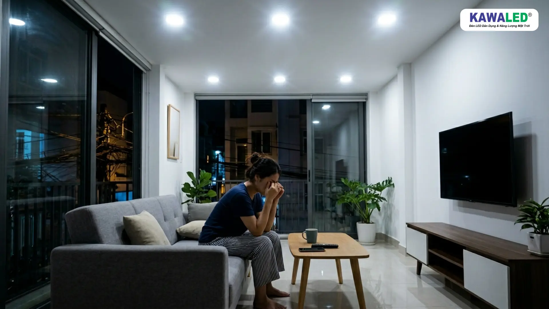 Đèn led âm trần ánh sáng trắng trong phòng khách nhà Việt Nam gây mỏi mắt vào buổi tối