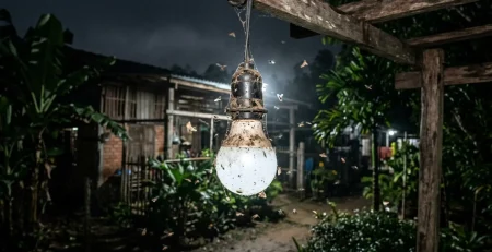 Bóng đèn led bulb ngoài trời bám bụi và côn trùng trong môi trường ẩm