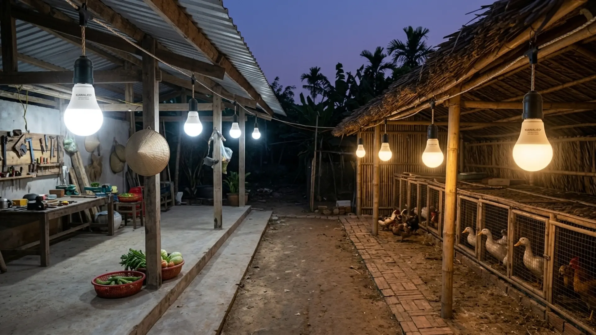 Các bóng đèn led bulb KAWALED treo ngoài trời chiếu sáng nhà vườn và chuồng trại