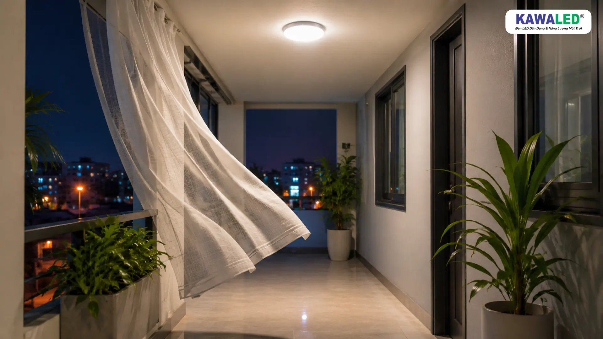 đèn led cảm ứng bật do rèm cửa rung nhẹ