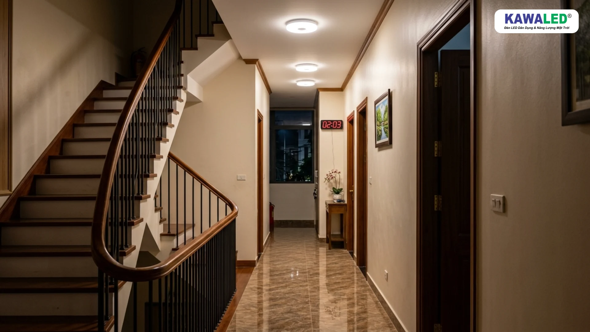 đèn led cảm ứng tự bật trong hành lang vào ban đêm