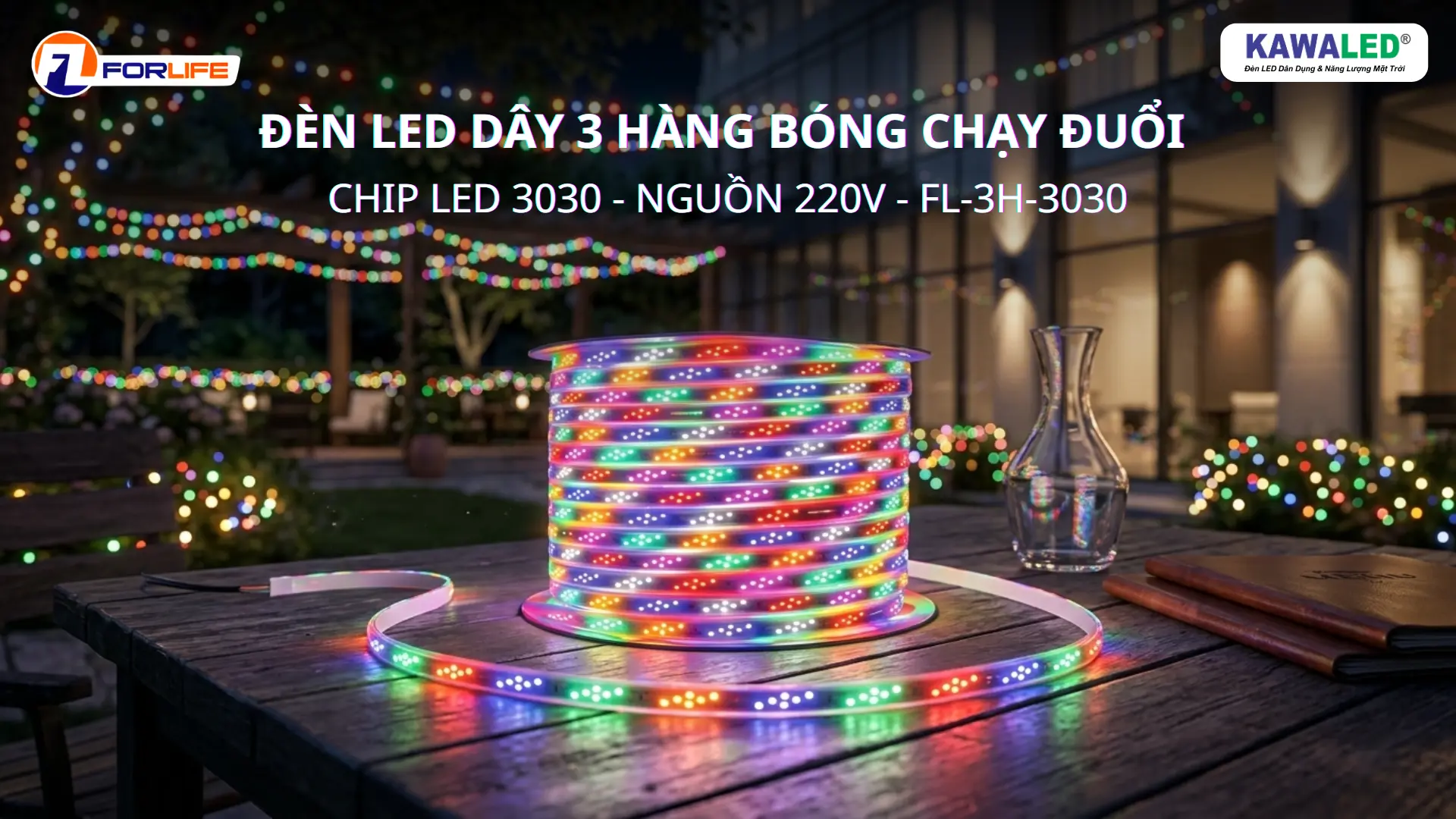 Đèn led dây chạy đuổi 3 hàng bóng 3030 FL-3H-3030 ngoài trời