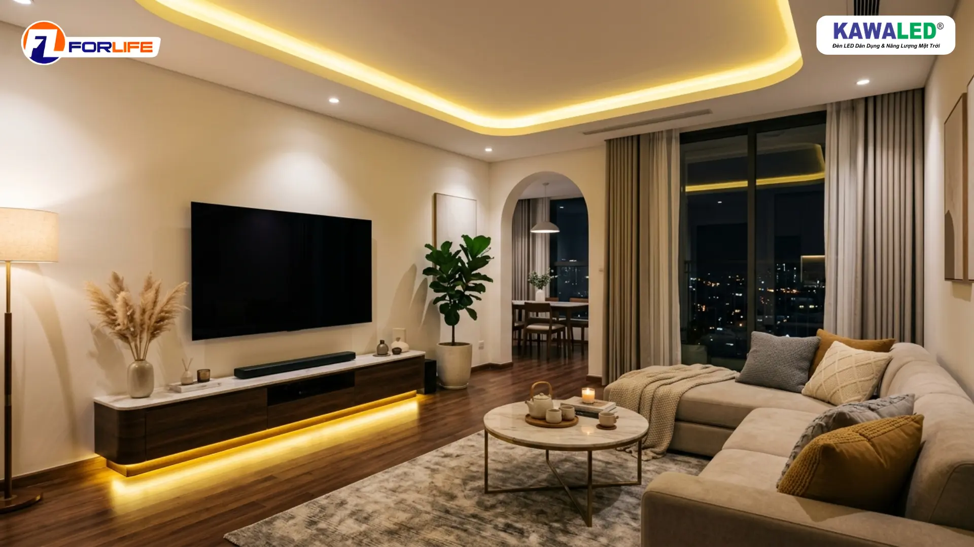 Đèn led dây hắt trần phòng khách ánh sáng vàng dịu hiện đại
