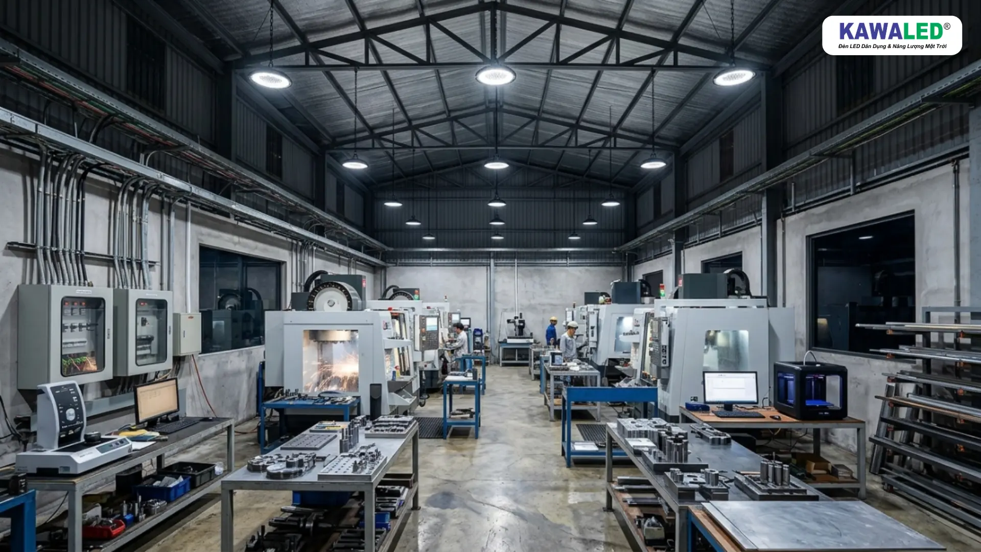 Hệ thống đèn led nhà xưởng highbay chiếu sáng khu vực cơ khí công nghiệp
