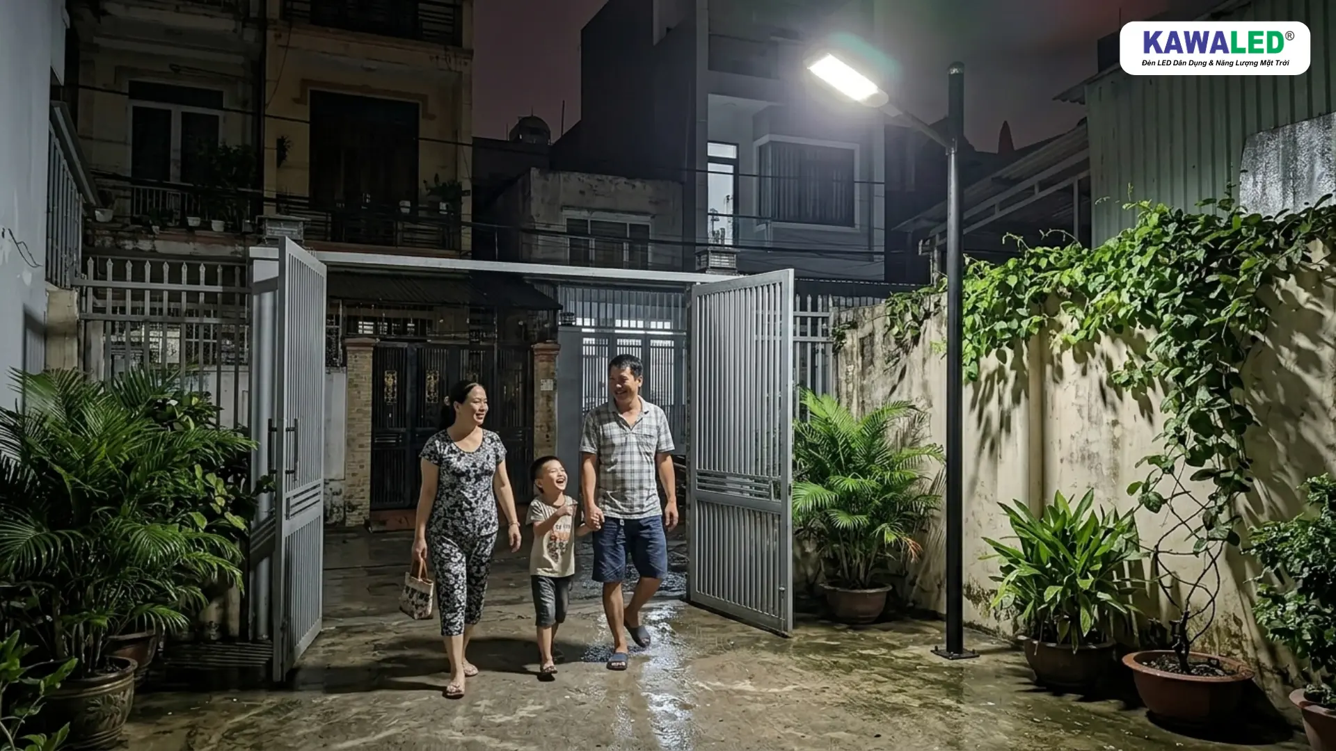 Gia đình đi vào sân nhà có đèn cảm ứng ánh sáng tự bật ban đêm