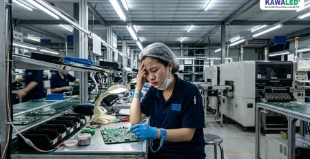 ông nhân đau đầu do đèn led nhà xưởng nhấp nháy nhẹ