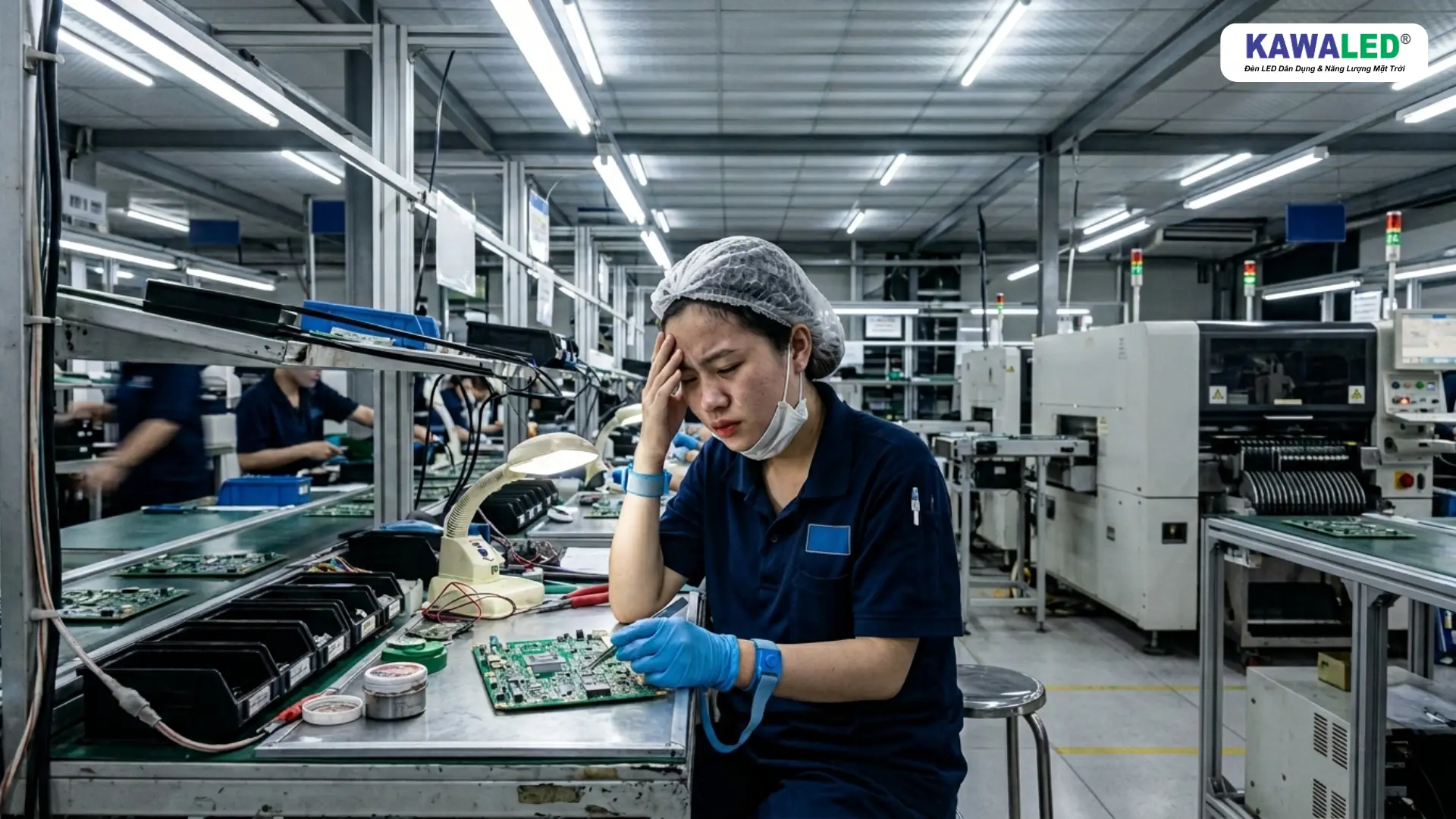 ông nhân đau đầu do đèn led nhà xưởng nhấp nháy nhẹ