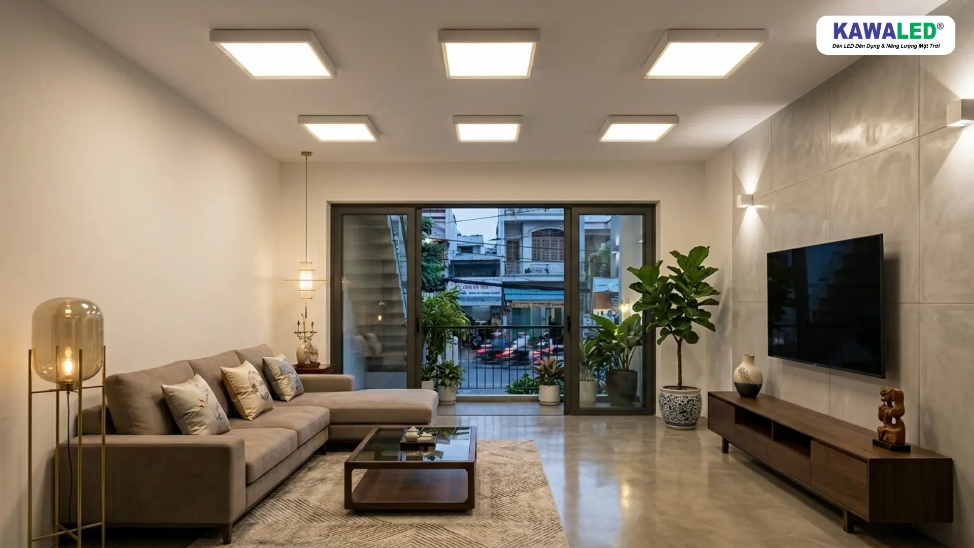 Đèn led nổi trần vuông lắp cho phòng khách nhà phố hiện đại