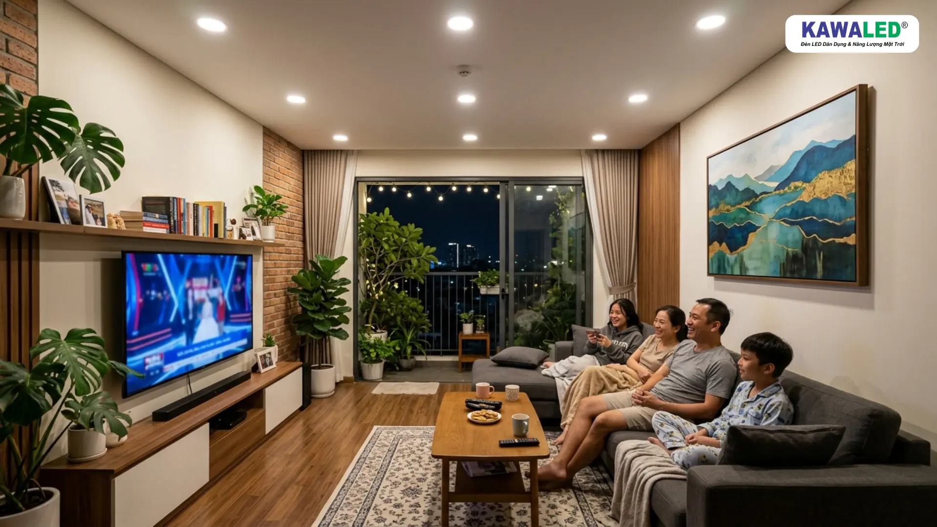 Đèn led phòng khách với ánh sáng trung tính và vàng hài hòa