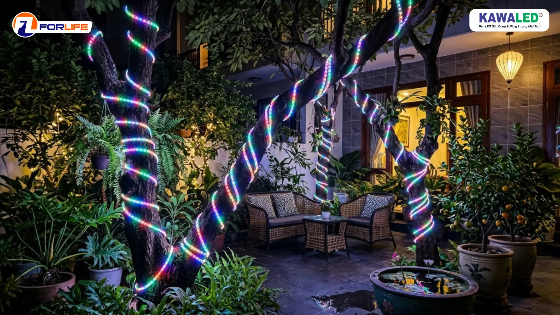 Đèn led quấn cây ngoài trời cho sân vườn và homestay